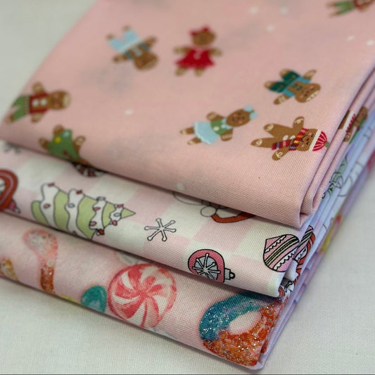 Pink Gingerbread Christmas Fat Quarter Bundle (3 pcs) - Blue Owl Quilt Co.